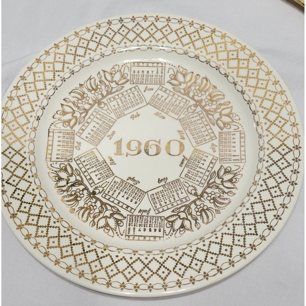 1960 Porcelain Collector Plate Decorative Gold Bordered Calendar 10" Round